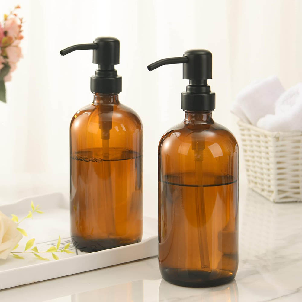 Home Bathroom Soap Dispenser - Amber Glass Soap Dispenser with Black