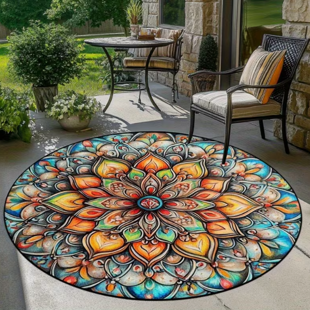 Home Toilet Bathroom Design - Traditional Geometric Round Mat Vibrant Mandala