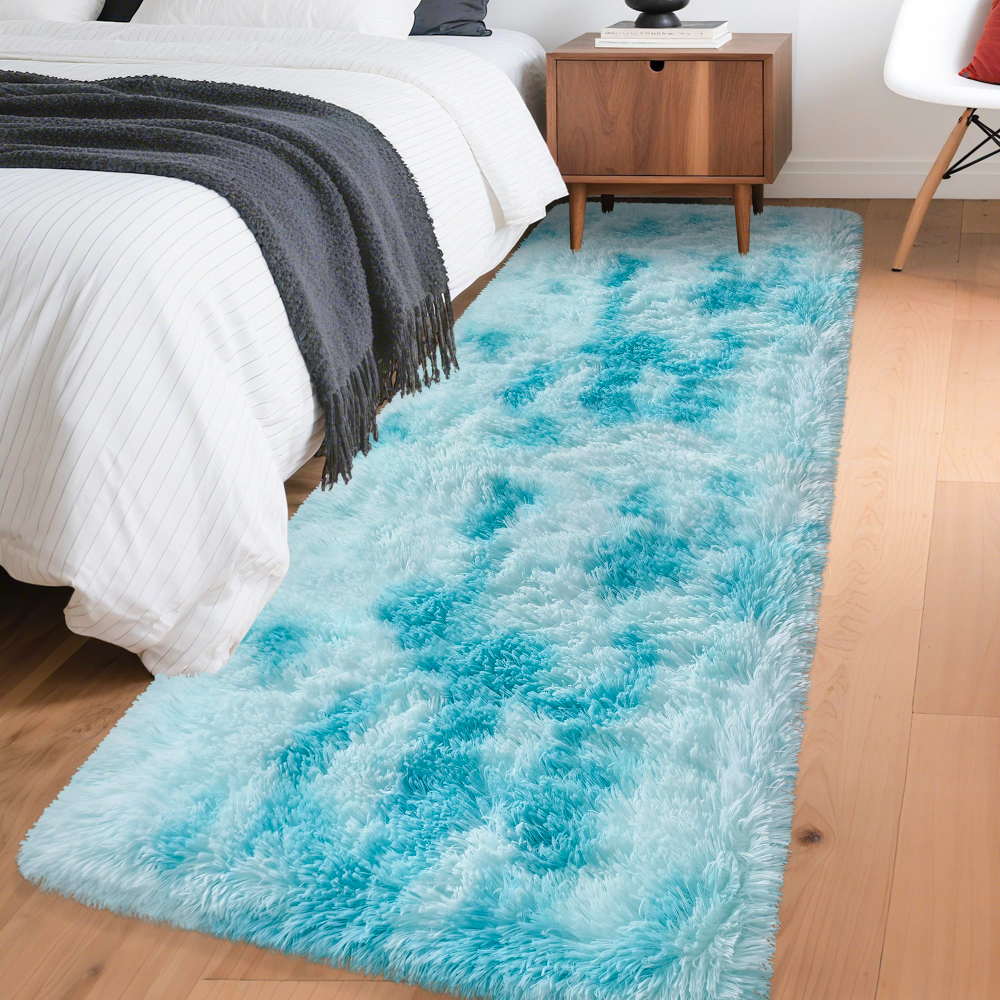 Home Bathroom Carpet - VIKAMA Gradient Blue Fluffy Runner Rug